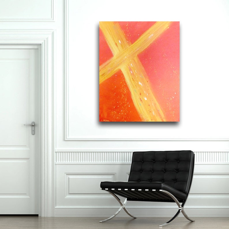 Original Abstract Christian Fine Art Painting, 16 x 20 Acrylic Gallery Wrap Canvas Gold Cross by Linda Miller, FREE Shipping image 3