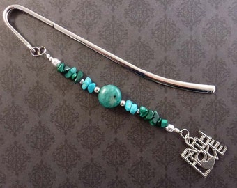 Beaded Bookmark with Faith, Hope Love Charm, Christian Bookmarker with Malachite and Turquoise