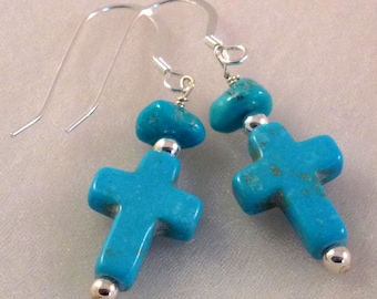 Blue Turquoise Cross Sterling Silver Earrings, Religious Jewelry