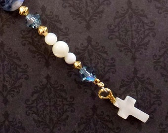 Beaded Bookmark with Mother of Pearl Cross, Blue Sodalite Gemstones, Swarovski Crystal, Religious Bookmarker