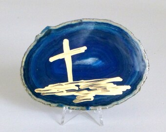 Gold Cross Original Painting on Blue Agate Slice