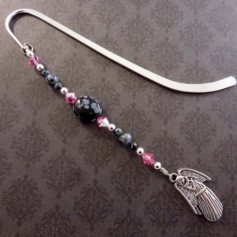 Beaded Angel Bookmark, Christian Bookmarker, Pink Swarovski Crystal, Obsidian, Religious Gift image 2