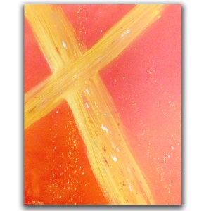 Original Abstract Christian Fine Art Painting, 16 x 20 Acrylic Gallery Wrap Canvas Gold Cross by Linda Miller, FREE Shipping image 1