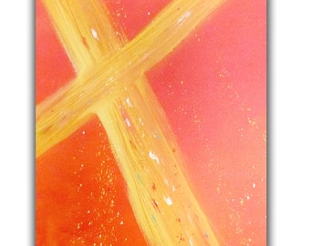 Original Abstract Christian Fine Art Painting, 16 x 20 Acrylic Gallery Wrap Canvas " Gold Cross" by Linda Miller, FREE Shipping