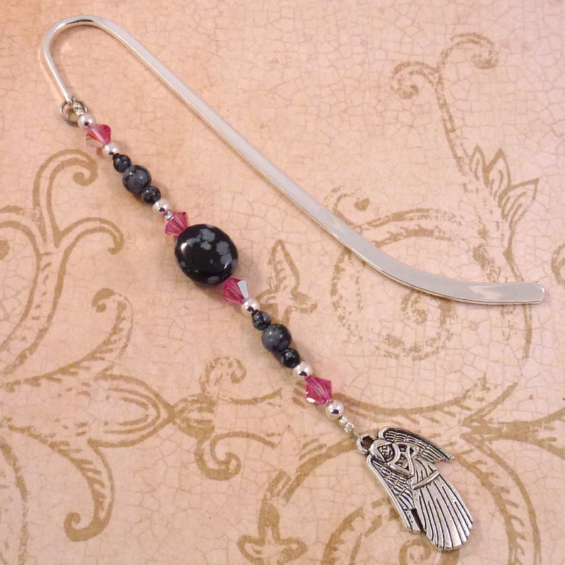 Beaded Angel Bookmark, Christian Bookmarker, Pink Swarovski Crystal, Obsidian, Religious Gift image 4
