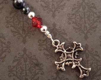 Christian Cross Bookmark, Obsidian Gemstone and Swarovski Crystal, Religious Bookmark