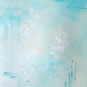 May include: Abstract painting with a light blue background and white and light blue accents. The painting has a textured look and feel.