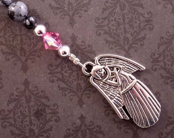 Beaded Angel Bookmark, Christian Bookmarker, Pink Swarovski Crystal, Obsidian, Religious Gift