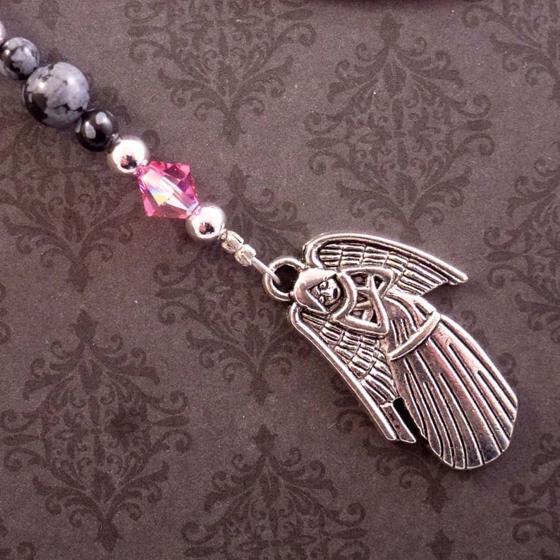 Beaded Angel Bookmark, Christian Bookmarker, Pink Swarovski Crystal, Obsidian, Religious Gift image 1