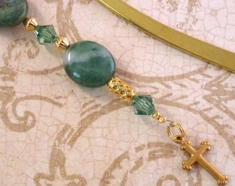 Green African Jade Beaded Bookmark with Brass Cross, Swarovski Crystal, Religious Bookmarker