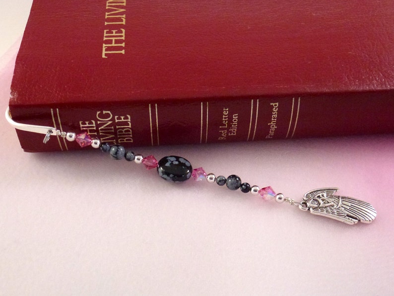 Beaded Angel Bookmark, Christian Bookmarker, Pink Swarovski Crystal, Obsidian, Religious Gift image 3