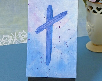 Blue Cross Acrylic Painting: Christian Miniature Art with Easel