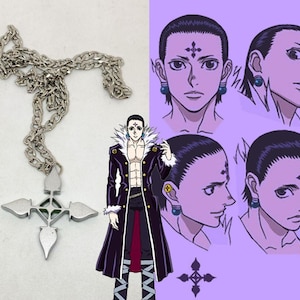 May include: A silver-colored pendant necklace with a cross-shaped design. The necklace is displayed next to an illustration of a character with a cross-shaped tattoo on their forehead and blue earrings. The character is from an anime.