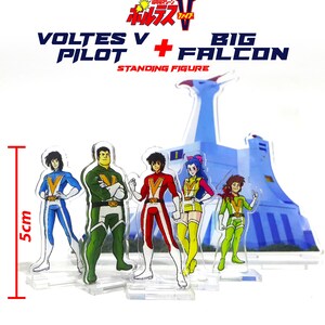 May include: A set of five Voltes V Pilot and Big Falcon standing figures. The figures are 5 cm tall and feature characters in blue, green, red, yellow, and green outfits. The background includes a blue structure and text that reads "Voltes V Pilot + Big Falcon Standing Figure."