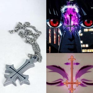 May include: A silver-colored cross pendant necklace with a detailed cross design. The cross has a black accent line and is on a silver chain. The image also includes a graphic of a character with red eyes and a cross symbol.