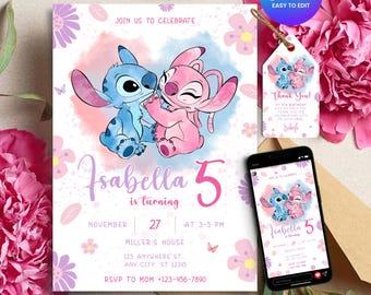 Stitch and Angel Birthday Invitation, Editable Stitch Birthday Invite, Stitch Theme Birthday Card, Printable Invitation, Canva Template