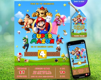 Editable Super Mario Birthday Invitation, Mario Bros Birthday Card, Digital Party Invite, Printable Kids Birthday Card, Canva Template