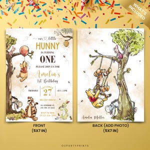 Cute Pooh birthday invite, 1st birthday party design, editable Canva template, printable digital card for baby girls.