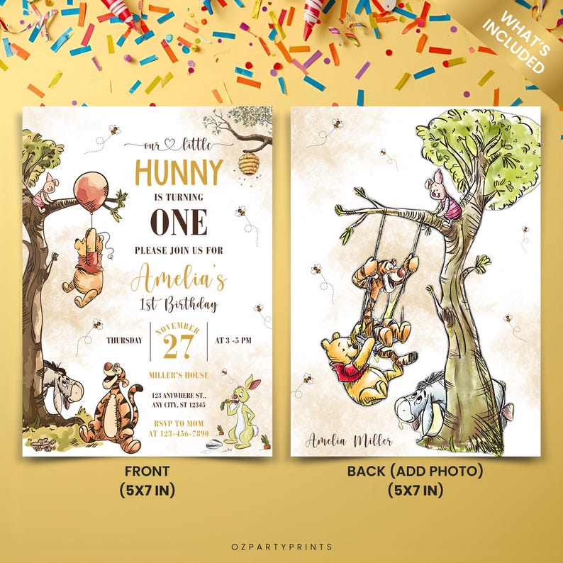 Cute Pooh birthday invite, 1st birthday party design, editable Canva template, printable digital card for baby girls.