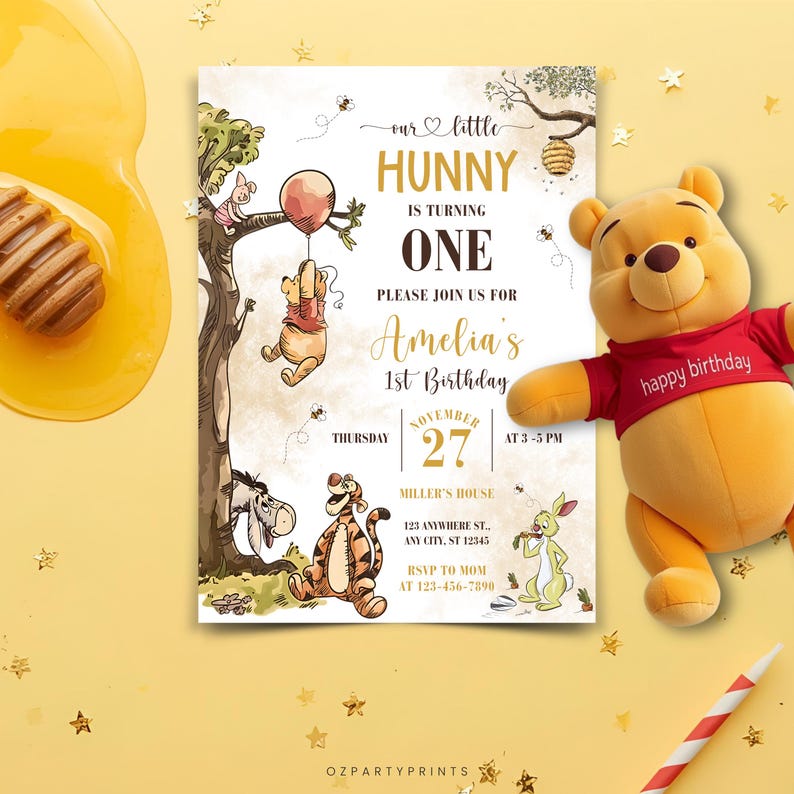 Editable Winnie the Pooh birthday card, printable invite for girls, vintage Pooh party theme, Canva template for customization.
