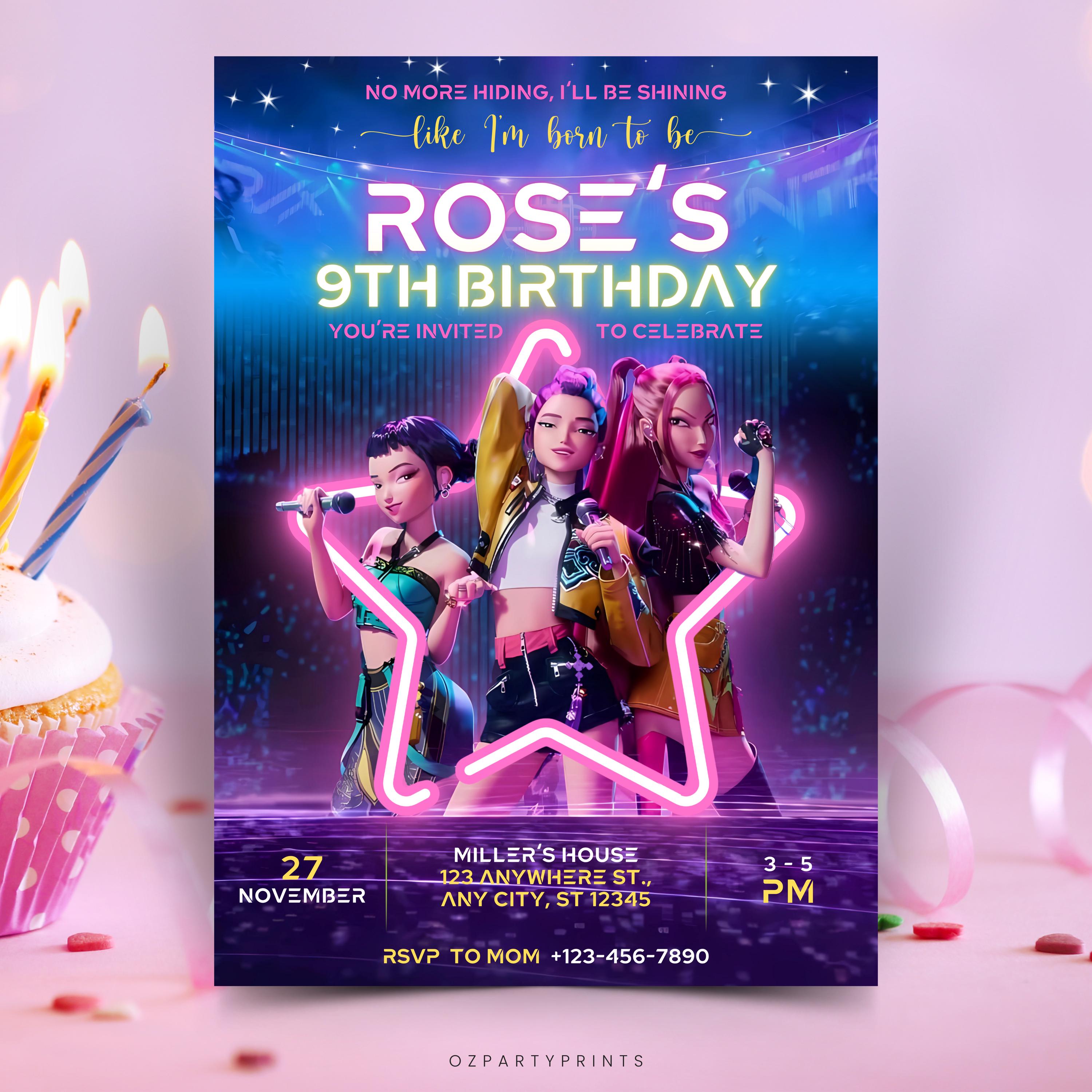 K-POP タレントカード Invitation Editable Kpop Demon Hunters Birthday Invitation, Huntrix Anime