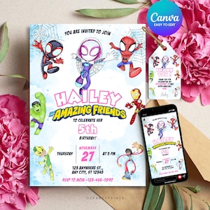 May include: A birthday party invitation featuring cartoon superheroes, including Spider-Man and Iron Man. The invitation is for Hailey's 5th birthday, with the date and time displayed. A matching tag and phone screen with the same design are also shown.
