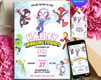 Editable Ghost Spider Birthday Invitation, Gwen Stacy Spidey Invite, Spider-Verse Girl Party, Spidey and Her Amazing Friends, Canva Template