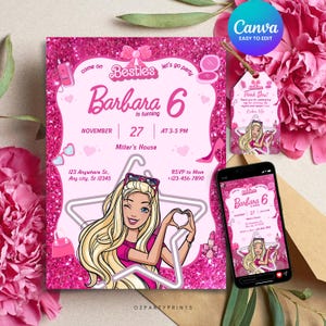 May include: Pink glittery invitation with the text "Barbara 6 is turning" and a cartoon image of a blonde woman. Includes a matching gift tag and a phone displaying the invitation. The invitation includes the date, time, and address.