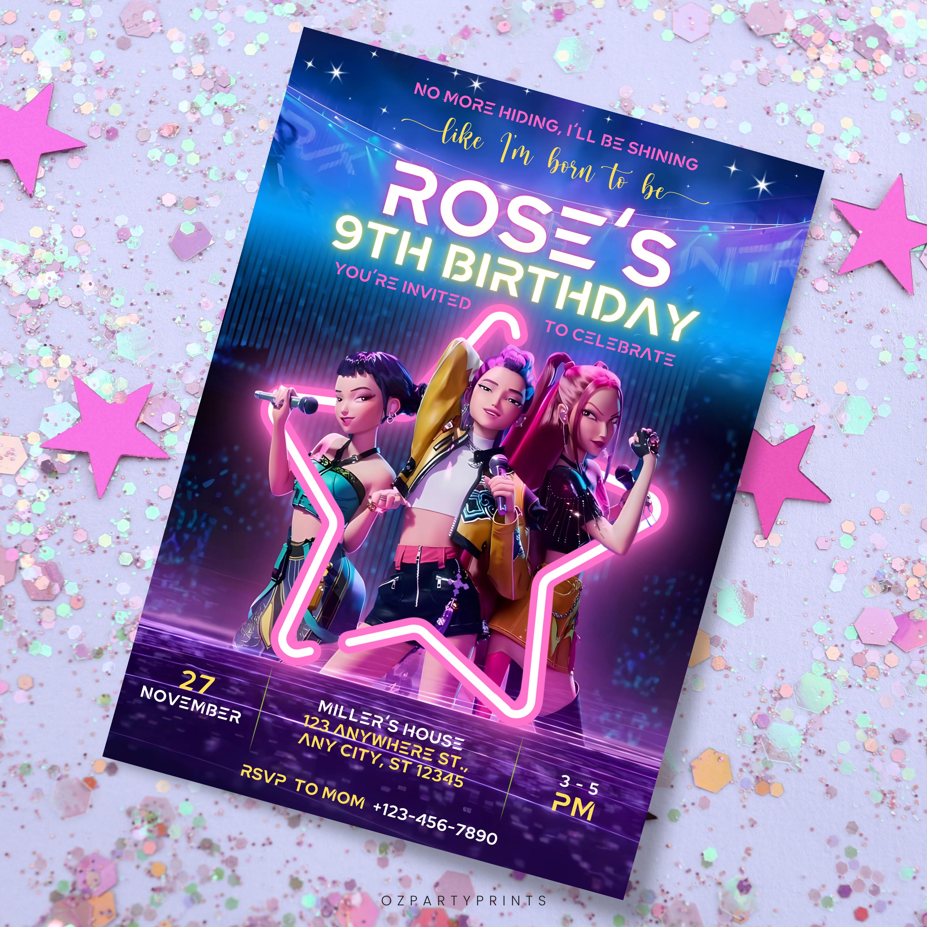 Editable Kpop Demon Hunters Birthday Invitation, Huntrix Anime