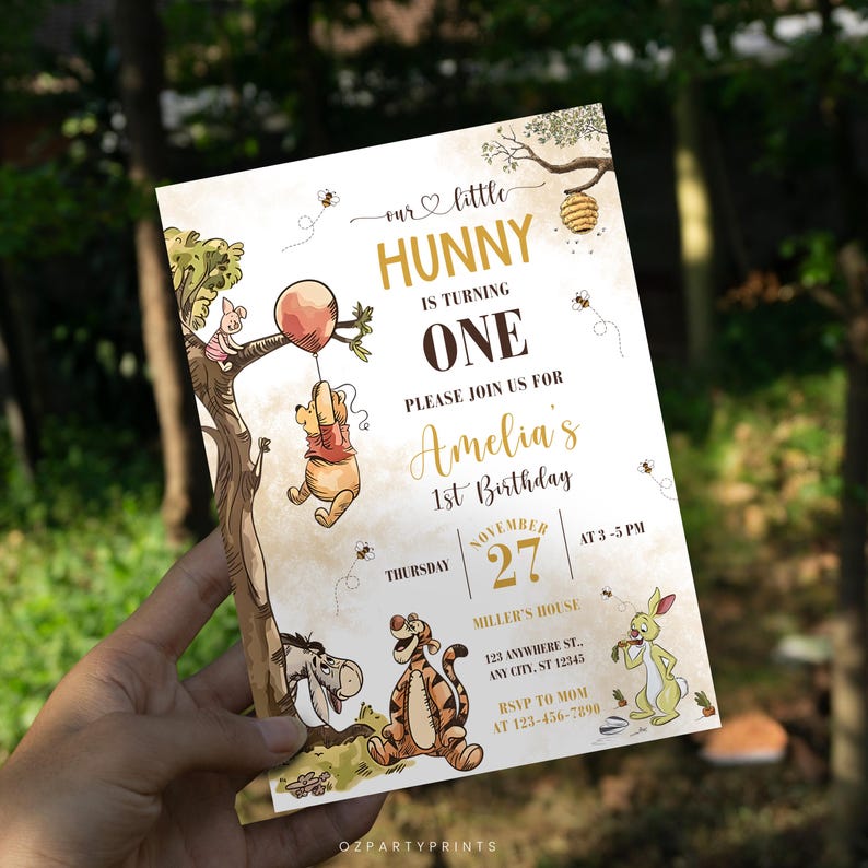 Vintage Winnie the Pooh birthday invitation, classic storybook style, editable Canva template, printable digital card for first birthday.