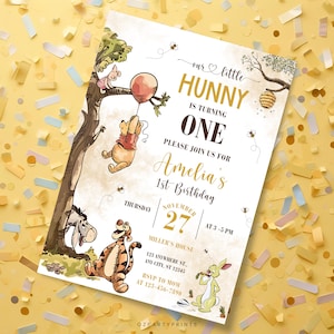 Our Little Hunny is One invitation, classic Pooh birthday card, editable template, instant download for baby girl’s first birthday.