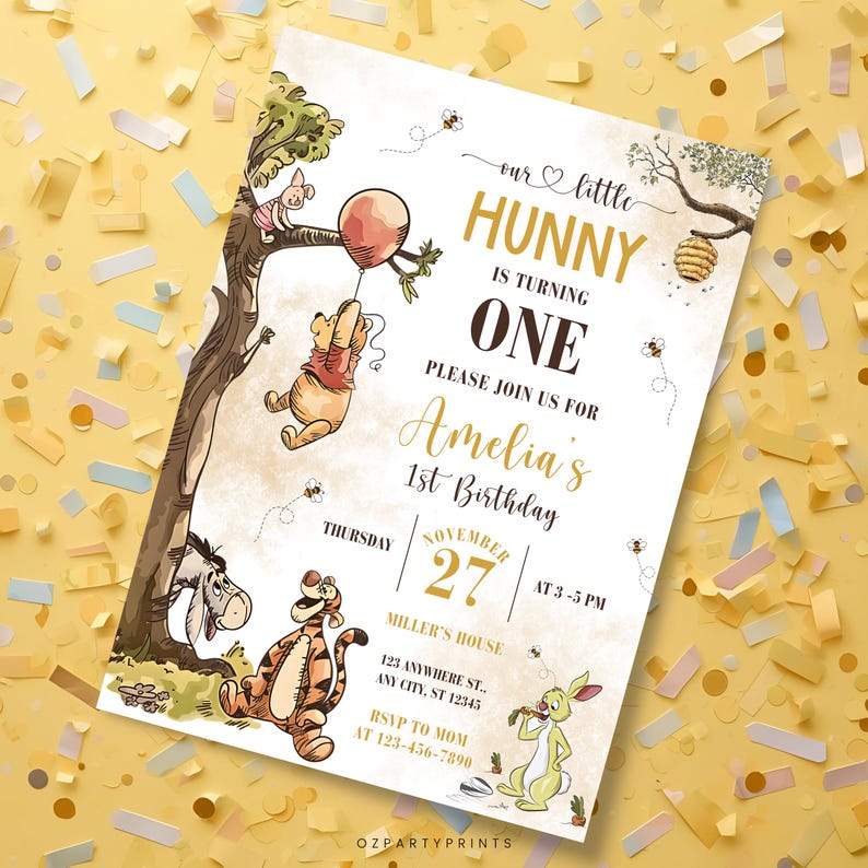 Our Little Hunny is One invitation, classic Pooh birthday card, editable template, instant download for baby girl’s first birthday.