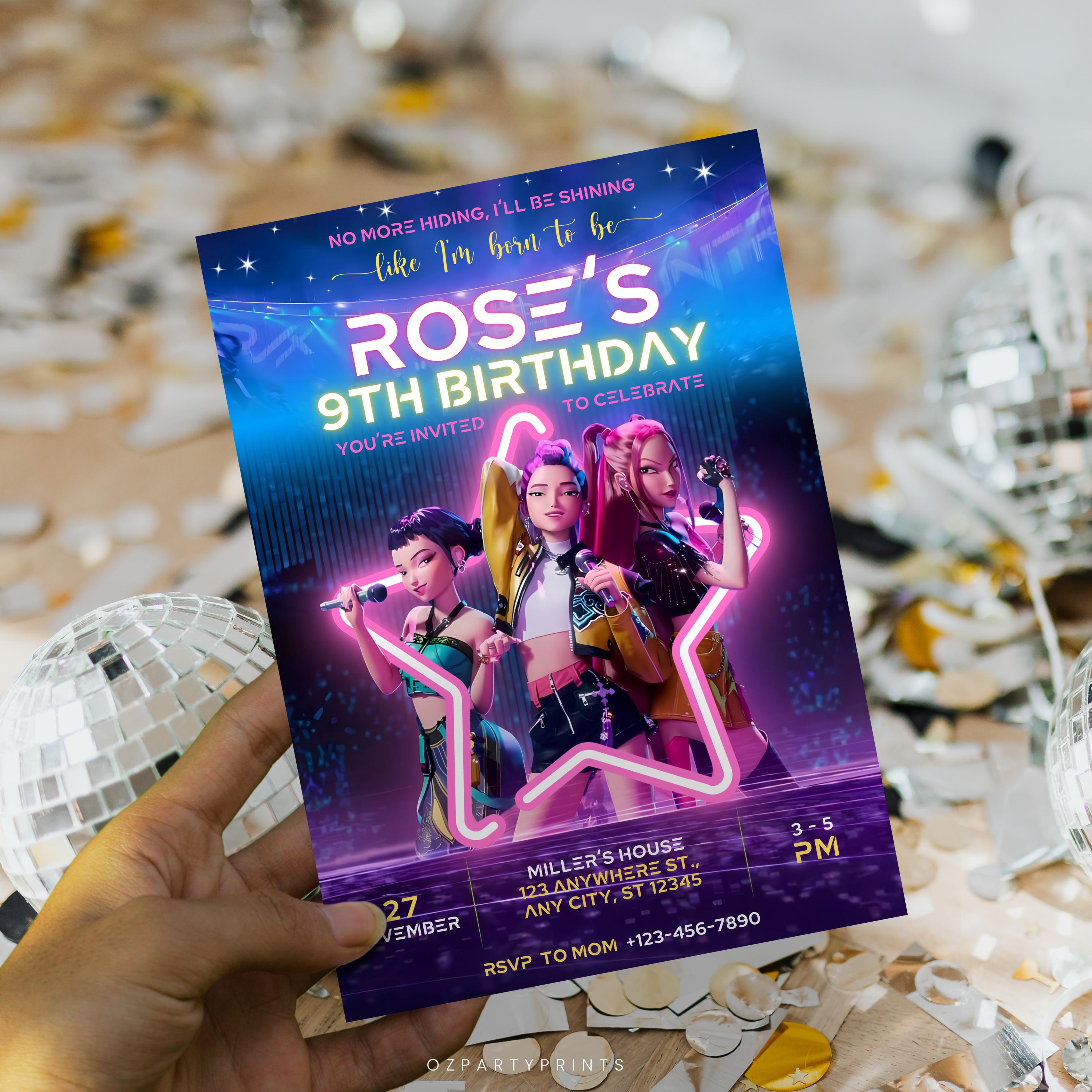 Editable Kpop Demon Hunters Birthday Invitation, Huntrix Anime