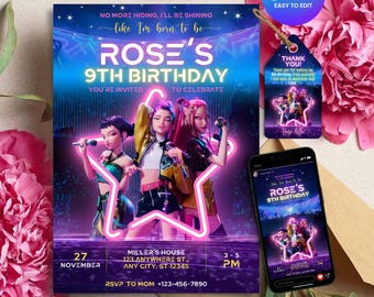 Editable Kpop Demon Hunters Birthday Invitation, Huntrix Anime Girl Party Invite, K-Pop Birthday Card, Teen Girl Party, Canva Template