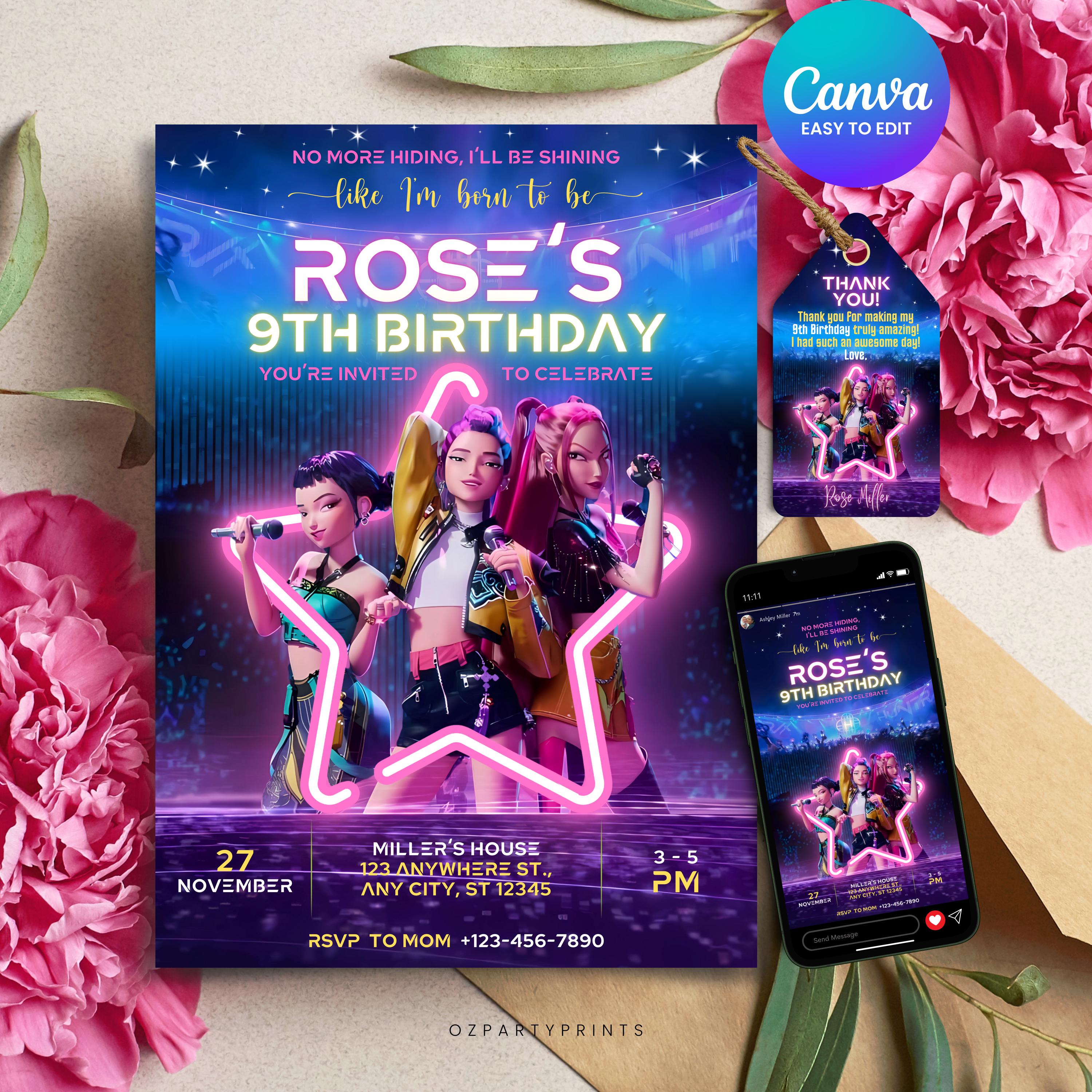 Editable Kpop Demon Hunters Birthday Invitation, Huntrix Anime