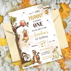 Winnie Birthday card with thank you tag, editable digital invitation, classic Pooh theme, perfect for first birthday party celebration.
