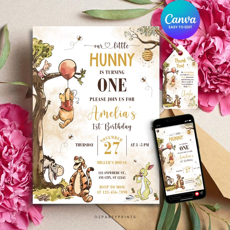Classic Winnie the Pooh birthday invitation for girls, editable 1st birthday card, digital printable invite, instant Canva download.
