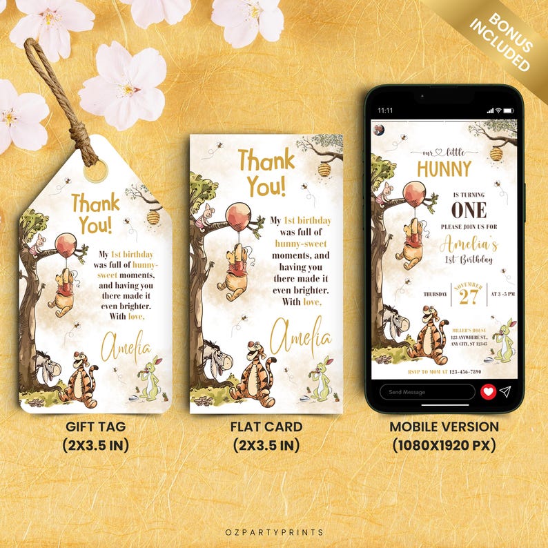 Printable Winnie the Pooh invitation, classic vintage design, editable template for first birthday party, instant digital download.
