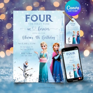 May include: A birthday invitation and matching tag featuring the characters from the movie Frozen. The invitation reads "FOUR" and "Olivia's 4th Birthday". A smartphone displays the same design. The tag says "Thank You!"