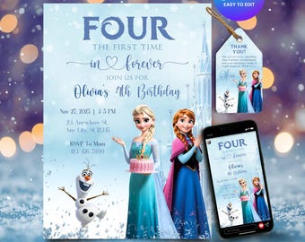Frozen Four The First Time In Forever Birthday Invitation, Princess Elsa Anna Birthday Invite, Printable Girl Birthday Card, Canva Template
