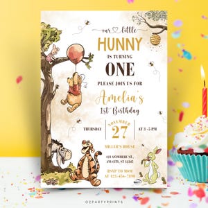 Winnie the Pooh first birthday party invite, cute vintage design, editable Canva template, printable digital card for baby celebration.