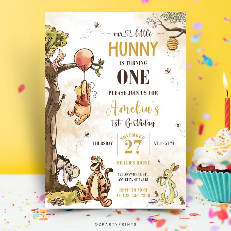 Winnie the Pooh first birthday party invite, cute vintage design, editable Canva template, printable digital card for baby celebration.