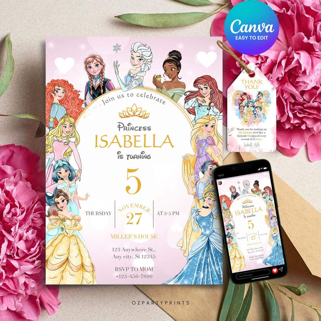 Editable Princess Birthday Invite, Watercolor Princess Birthday Canva ...