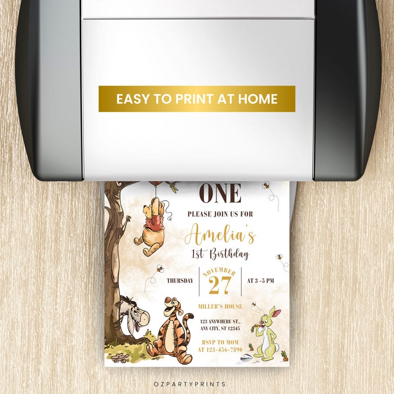 Our Little Hunny is One birthday invite, classic Pooh bear theme, editable printable Canva design, instant download for baby party.