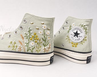 Custom Converse High Tops, Bridal Flowers Embroidered Shoes, Wedding flower and bee Embroidery Sneakers