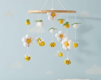 Lemon & Bee Baby Mobile – Felt Crib Decor, Bumblebee Flower Nursery Gift for Newborns