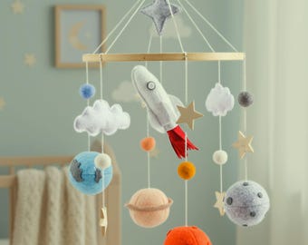Space Adventure Baby Mobile, Felt Moon Stars Crib Decor, Wooden Ring Nursery Rhymes