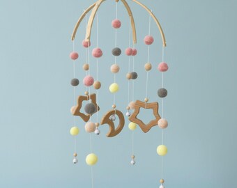 Vilten pom-poms babybedje mobiel, houten olifant, vogel, sterren, maan kinderkamerdecoratie