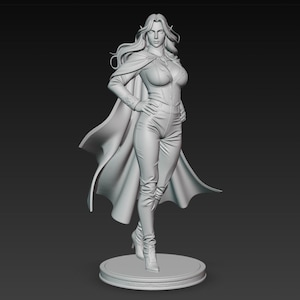 May include: A 3D-printed figurine of a woman with long hair, wearing a jumpsuit, cape, and high-heeled boots. The figure is standing on a round base, with hands on hips. The color is a light gray.