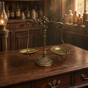 Puede incluir: Una balanza de latón de estilo antiguo con una columna central ornamentada, una base decorativa y dos platos circulares suspendidos. La estructura metálica presenta detalles intrincados y un acabado envejecido.